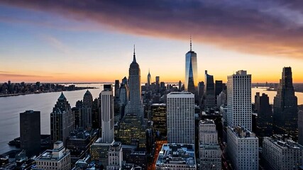Sunset over the city skyline with Manhattan skyscrapers and aerial view of downtown New York