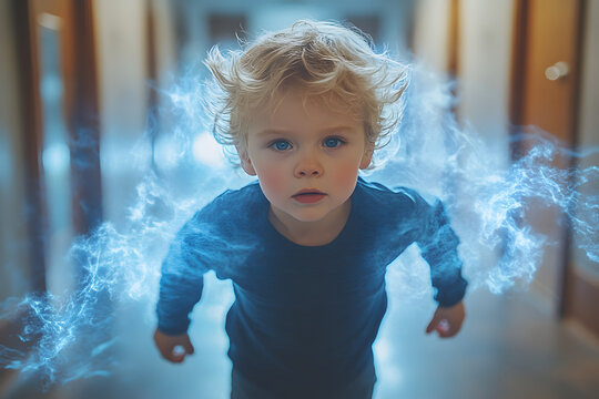 Junge mit blauer magischer Energie und &uuml;bernat&uuml;rlicher Aura  
