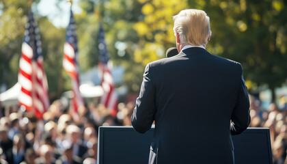 man in a dark suit speaks at a podium during an outdoor event, addressing a large crowd. American flags are visible in the background, suggesting a political rally, public speech, or formal gathering