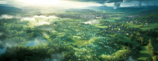 Fototapeta premium Aerial view of a misty village