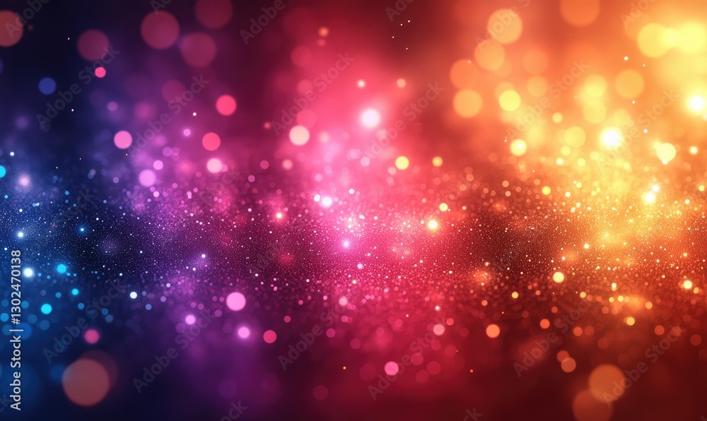Poster Vibrant colorful abstract background with glowing light particles and bokeh effect, featuring a blend of warm and cool tones, creating a festive and dynamic atmosphere. The warm tones include oranges