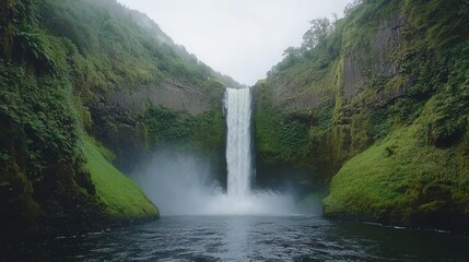Fototapeta premium Majestic Waterfall Cascading Down Lush Green Cliffs