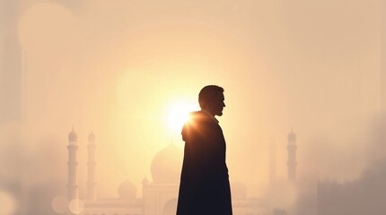 Fototapeta premium Silhouette of a man in front of a mosque: a solitary man silhouetted against the warm light of dawn with mosque in the background, a scene of contemplation and spiritual awakening