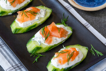 Cucumber and smoked salmon bites with sour cream and dill