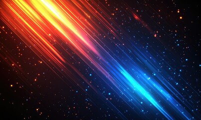Obraz premium Abstract vibrant background with diagonal lines of bright orange and blue light streaks against a dark background, dotted with small particles