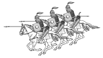Fototapeta premium Scythian mounted warriors on attack. Historical illustration. Ancient rider.