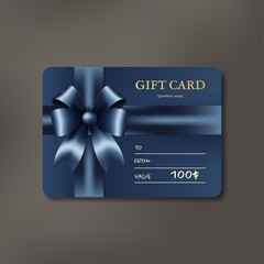 Gift card template with realistic blue bow. Certificate, coupon, flyer design. Discount card for shop or boutique. Vector illustration