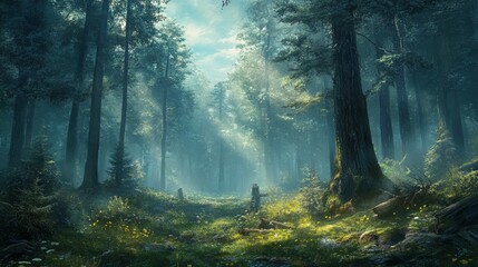 Obraz premium Enchanted Forest Path: A Mystical Journey Through Sunlit Woods