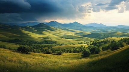 Obraz premium Dramatic mountain landscape with green hills and stormy sky.