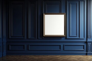 Empty frame, navy blue paneled room, hardwood floors.  Background showcases architectural design.  Possible use Mockup