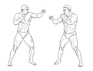 Drawing with Bare-knuckle Boxer. Ancient athletes at the Olympic Games. Strong men in single combat.