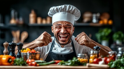 Chef is smiling and laughing while standing in front of a table full of vegetables and spices. Scene is lighthearted and joyful, as the chef appears to be enjoying his work and the ingredients