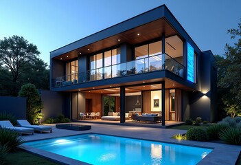 Fototapeta premium Luxury High-Tech Smart Home: Futuristic Design with Fully Automated Systems, Smart Glass, Minimalist Aesthetic, and Seamless Integration for Modern Living Spaces.