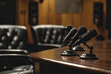 Meeting room microphones on wooden table, leather chairs in background