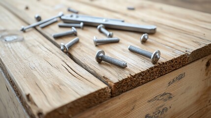 Close-up of metal screws and tools on wooden planks, ideal for construction and woodworking themes.