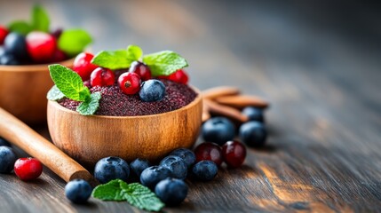 Bowl of blueberries and mint is on a wooden table. The bowl is filled with blueberries and mint leaves