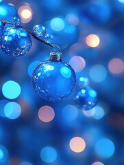 Fototapeta premium Close-up of shimmering blue Christmas ornaments hanging against a blurred festive background
