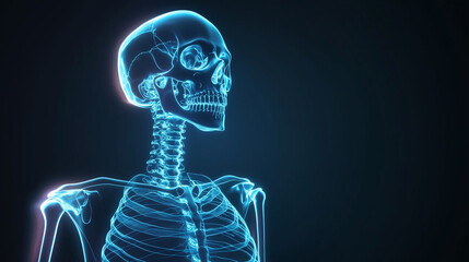 abstract glowing skeleton, x-ray skull, with a high-tech aesthetic, useful for educational materials, tech posters, and fantasy artwork