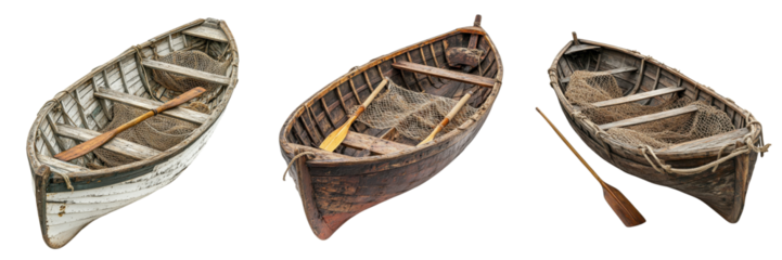 A Set of Aged Fishing Boats Equipped with Nets and Wooden Oars Isolated on Transparent Background