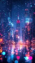 Night city lights, snowfall, futuristic urban view