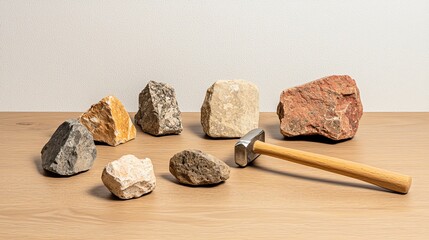 Collection of different rocks with a geological hammer on a wooden surface, showcasing geology exploration tools.