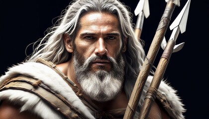 Fototapeta premium Prehistoric cavemen with spears dressed in primitive clothing ancient warriors 