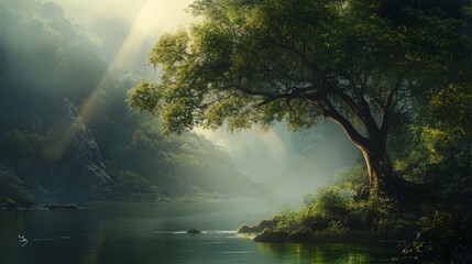 Fototapeta premium Serene River Landscape: Majestic Tree by Tranquil Water