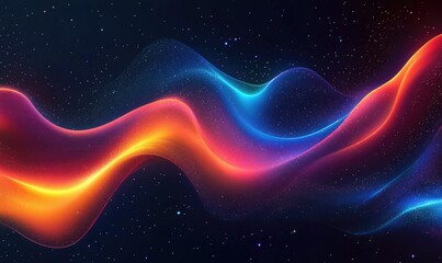 Obraz premium Abstract digital wave design with vibrant glowing colors, dark background, and scattered particles