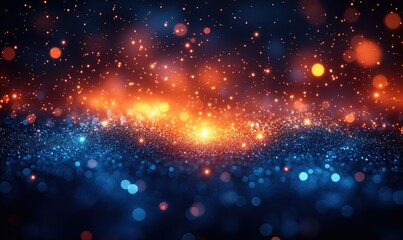 Obraz premium Abstract background with vibrant orange and blue lights and sparkles on a dark surface