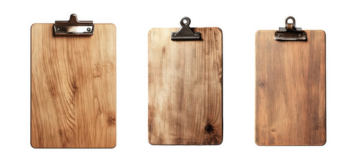 Fototapeta premium Three wooden clipboards in varying shades and textures, arranged on a white background.