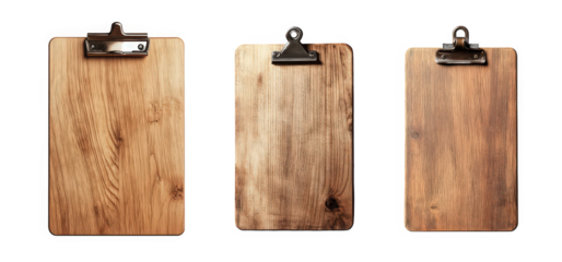 Three wooden clipboards in varying shades and textures, arranged on a white background.