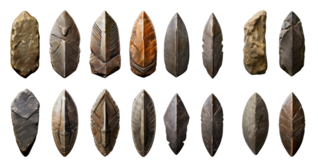 Antique Stone Artifacts with Leaf and Feather Designs for Display, PNG bundle collection, Isolated on Transparent Background