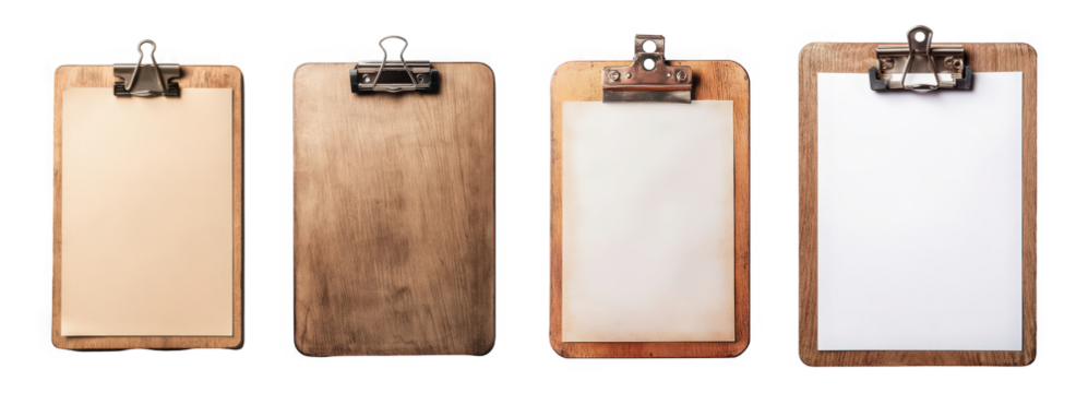 Four wooden clipboards with various blank surfaces ready for notes or sketches.