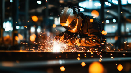 Welder in a protective helmet and gear working on a metal piece with bright sparks flying in an industrial workshop. Heavy-duty welding process, safety equipment, and metal fabrication. Manufacturing