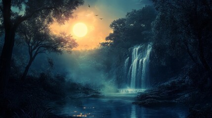 Fototapeta premium Enchanted Waterfall at Dusk: A Serene Forest Scene
