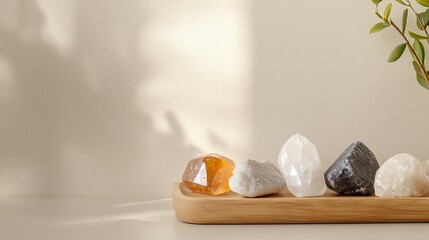 Earthy tones enhance crystals on a wooden tray, creating a calming aesthetic for a tranquil, minimalist interior design.