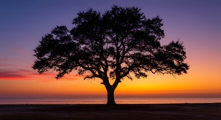 Obraz premium Silhouette of a majestic tree against a stunning sunset on the horizon by the shoreline. Generative AI
