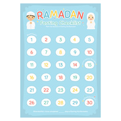 Ramadan fasting checklist poster template design, vector illustration for children. A3 size Ramadan checklist poster  