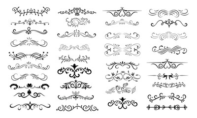 Set of vintage dividers Text dividers. Card decoration. Black lines. Swirls or scrolls, vintage frames, flourishes, labels and dividers. Retro style.