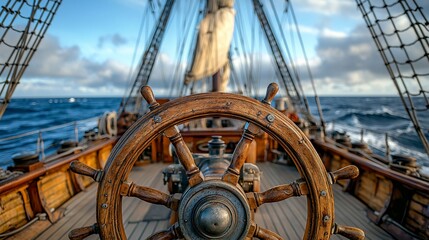 Wooden ship wheel on sailing vessel at sea.