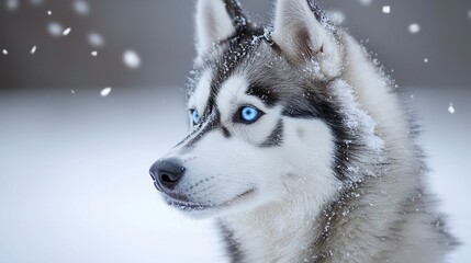 Naklejka premium Siberian Husky with striking blue eyes in snowy weather.