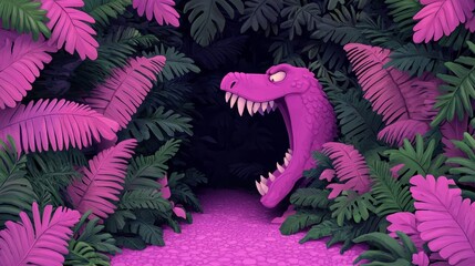 Vibrant Jungle with Pink Dinosaur Amidst Lush Green and Pink Foliage