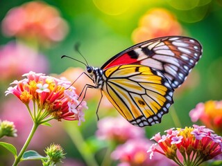 Delias eucharis Butterfly on Pink Flowers -  Beautiful Insect Stock Photo