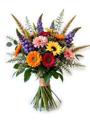 Vibrant bouquet of colorful gerbera daisies, lupines, and greenery arranged in a natural style on an isolated white background.