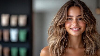 Woman with long brown hair is smiling and looking at the camera. She is wearing a necklace and has a tan complexion