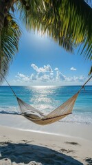 A tranquil hammock swaying on a tropical beach, surrounded by palm trees and ocean views.