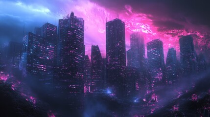 Fototapeta premium Neon Cityscape at Dusk: A Futuristic Metropolis