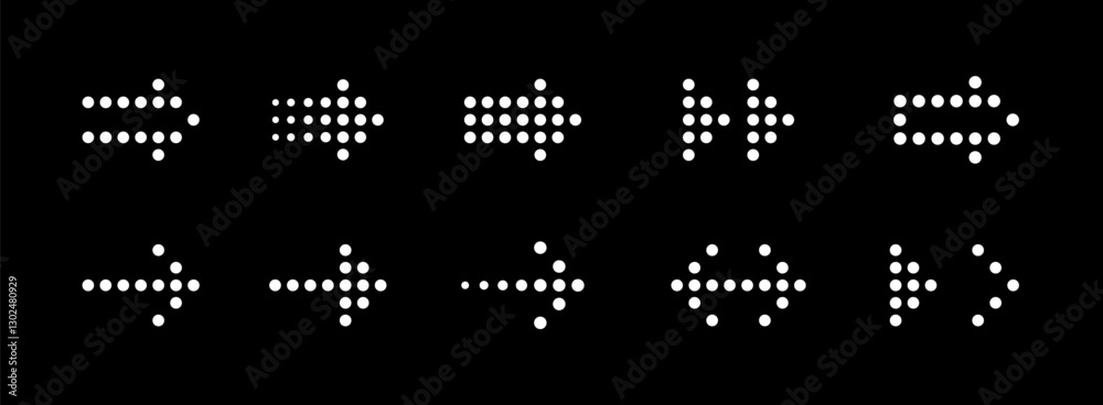 Poster dotted arrows icon set. arrow dots style icons. set of arrows with halftone effect. different shapes