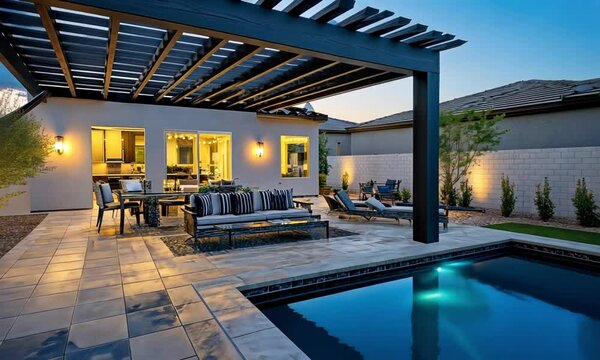 Luxury Backyard Oasis: Evening Poolside Relaxation