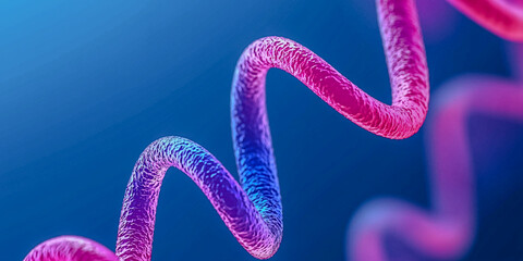 A vibrant, abstract representation of a DNA strand, showcasing a gradient of colors that highlights its intricate structure against a blue background.